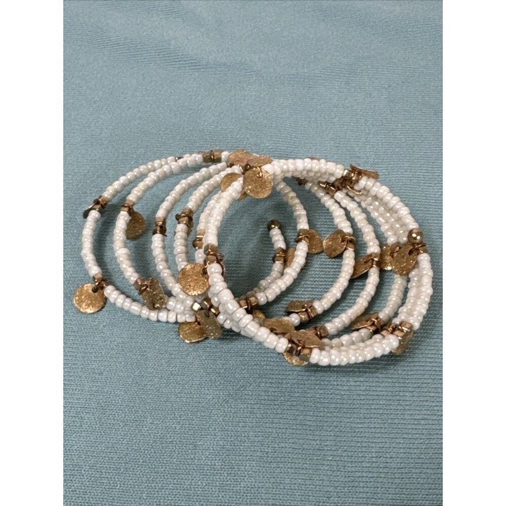 White‎ Bead Gold Tone Accent Coiled Wrap Bracelet Unsigned